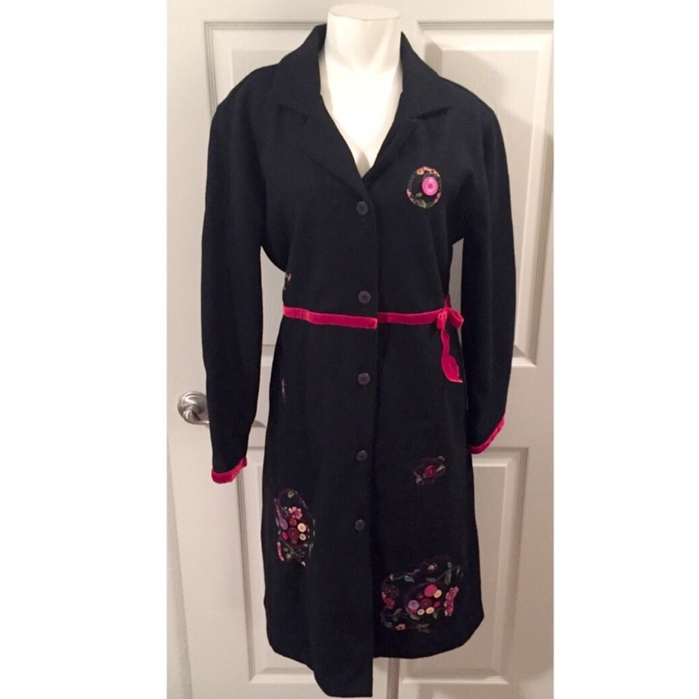 Embroidered wool black pea coat by Putumayo